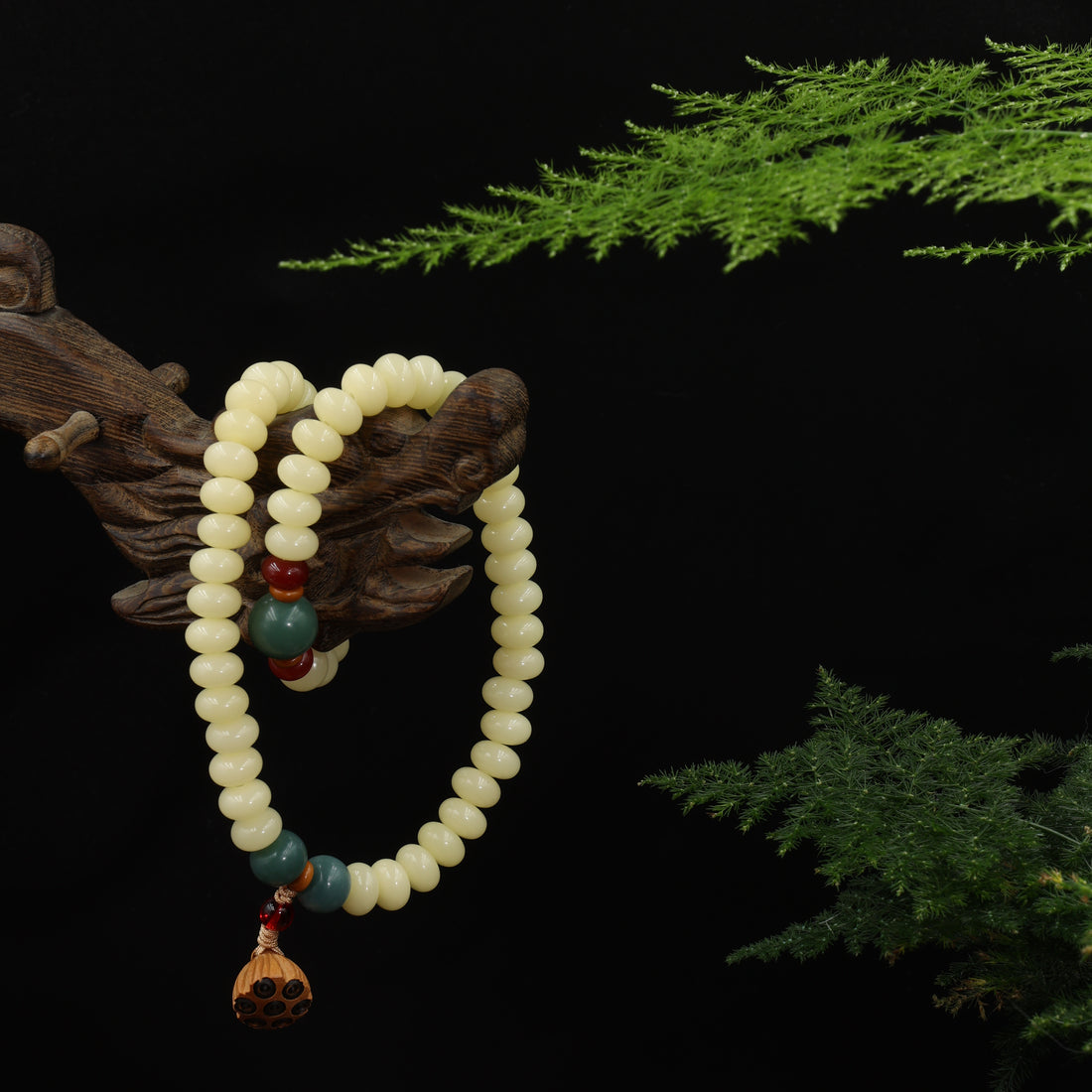 Eternal Balance White Jade-Bodhi Red&Green Accent with lotus seedpod Double-Loop Bracelet