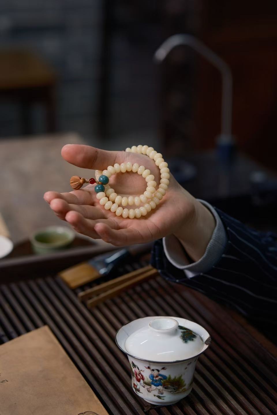 Eternal Balance White Jade-Bodhi Red&Green Accent with lotus seedpod Double-Loop Bracelet