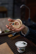 Eternal Balance White Jade-Bodhi Red&Green Accent with lotus seedpod Double-Loop Bracelet on hand