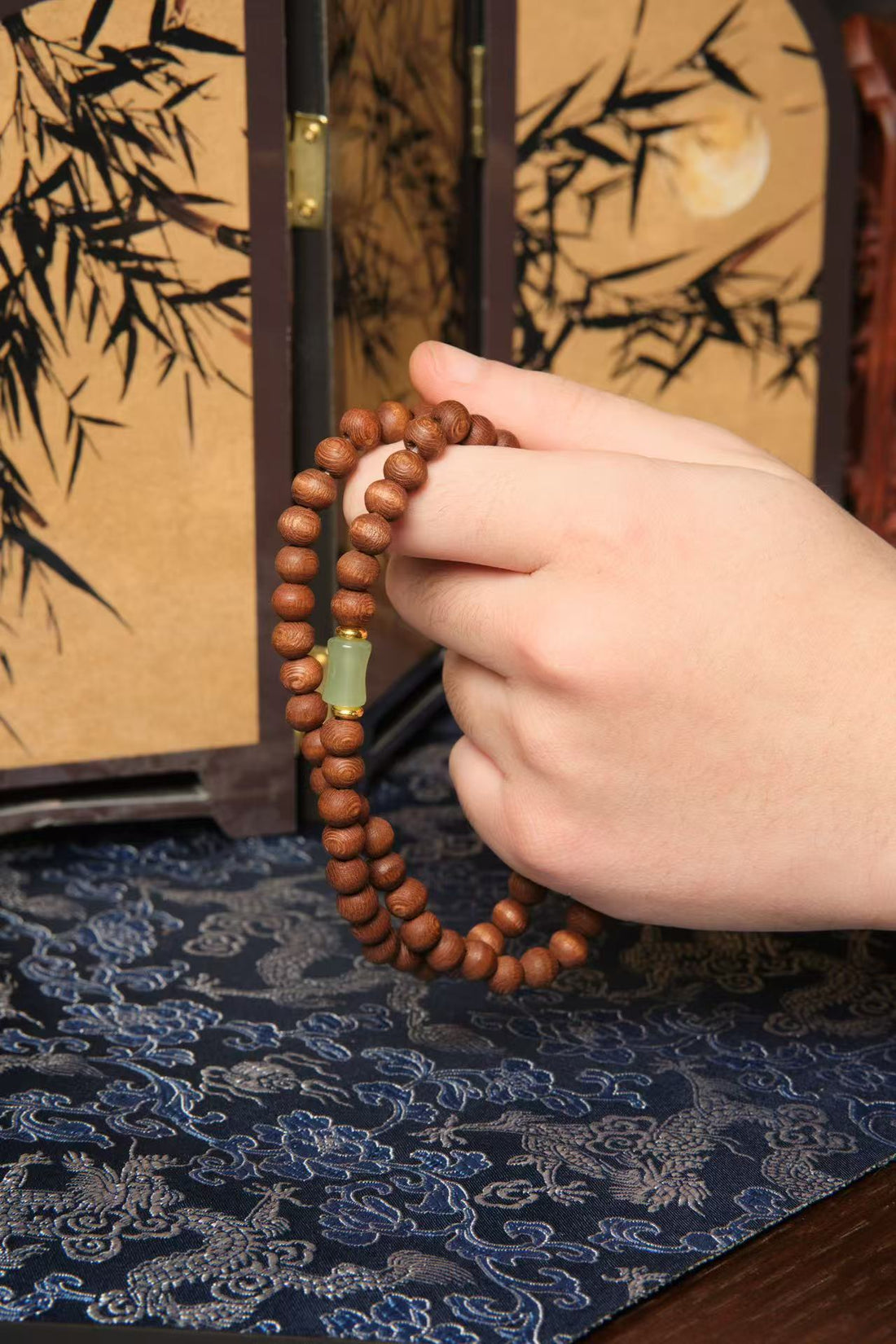 Zen Bamboo-shaped jade & wood Double-Loop Bracelet