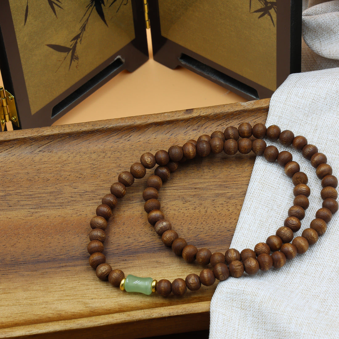 Zen Bamboo-shaped jade & wood Double-Loop Bracelet