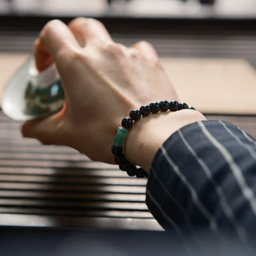 Zen Bamboo Chalcedony & Black Onyx  Bracelet on wrist
